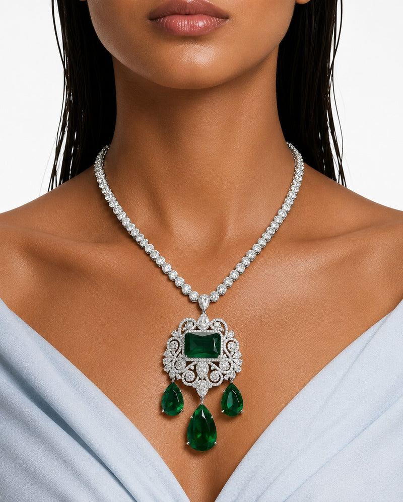 Nareesa Emerald diamantachtige zirkoon statement kettingset – ketting en oorbellen