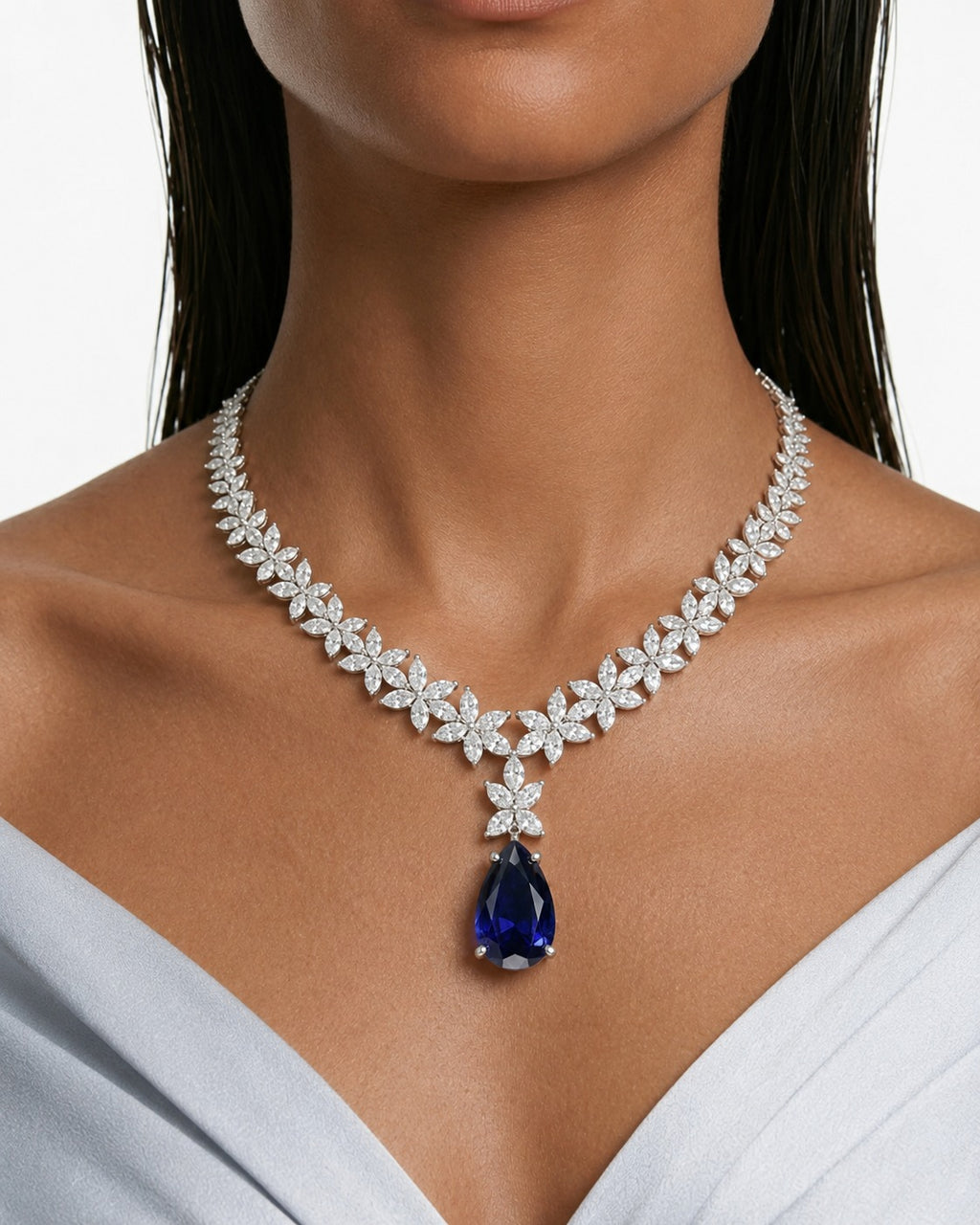 Ruveya saffier diamantachtige zirkoon statement kettingset – ketting en oorbellen