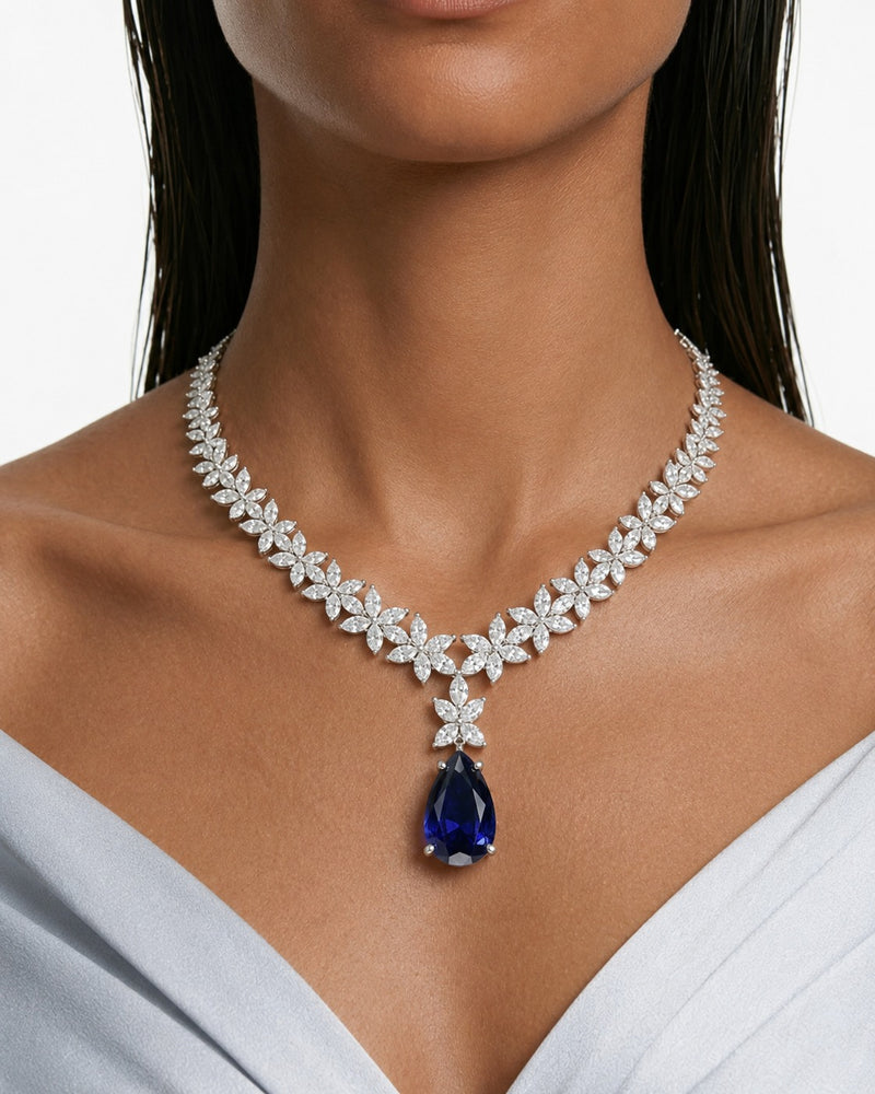 Ruveya saffier diamantachtige zirkoon statement kettingset – ketting en oorbellen