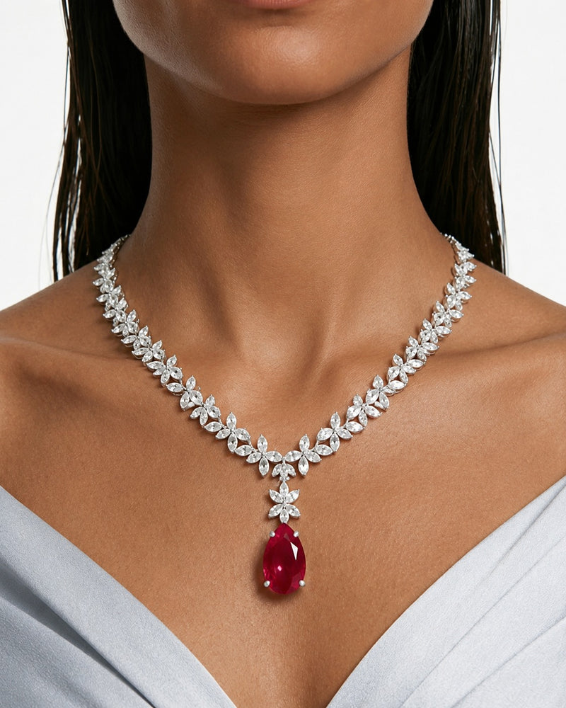 Maharani Ruveya Ruby Diamond-Like Zircon Statement Necklace Set & Niharika Diamond-Like Zircon Ovals with Ruby Square & Diamonds Statement Necklace Set (2 Necklace & 2 Earrings)