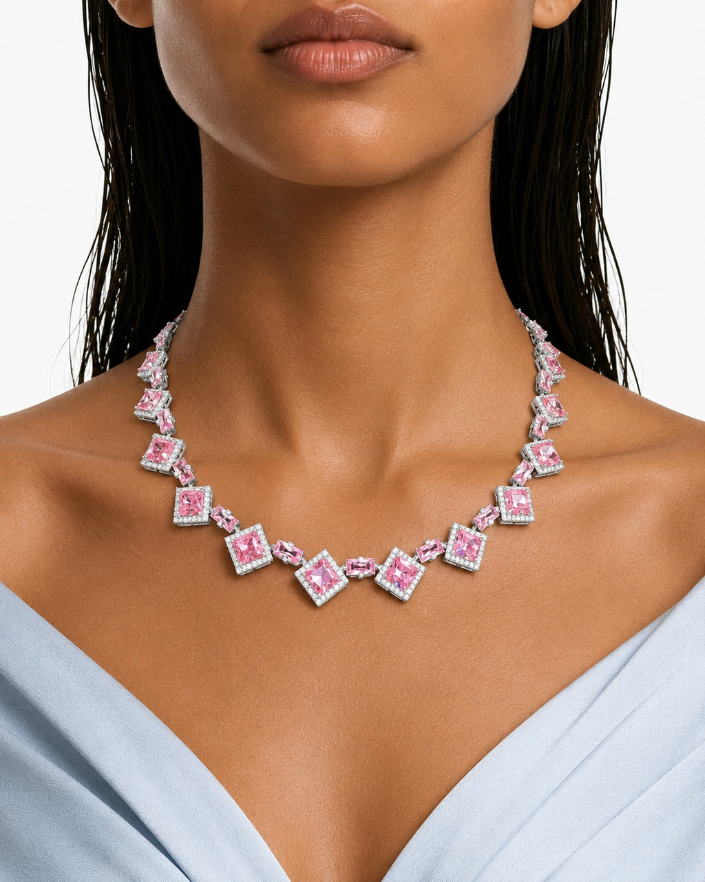 Valeza Pink Diamond-Like Zircon Link Necklace Set – Necklace & Earrings