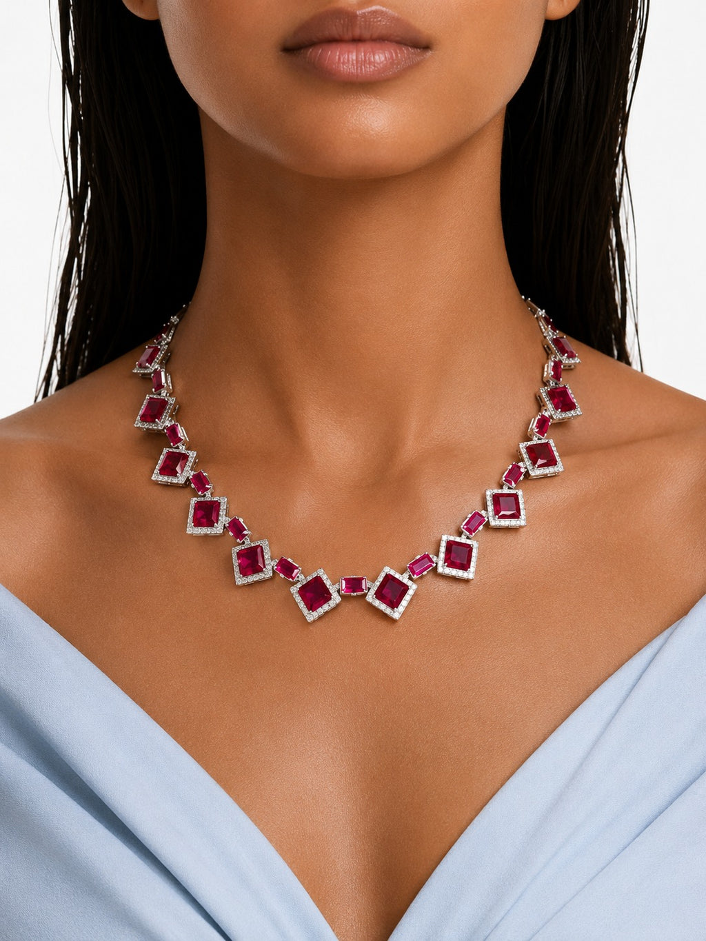 Valeza Ruby Diamond-Like Zircon Link Necklace Set – Necklace & Earrings