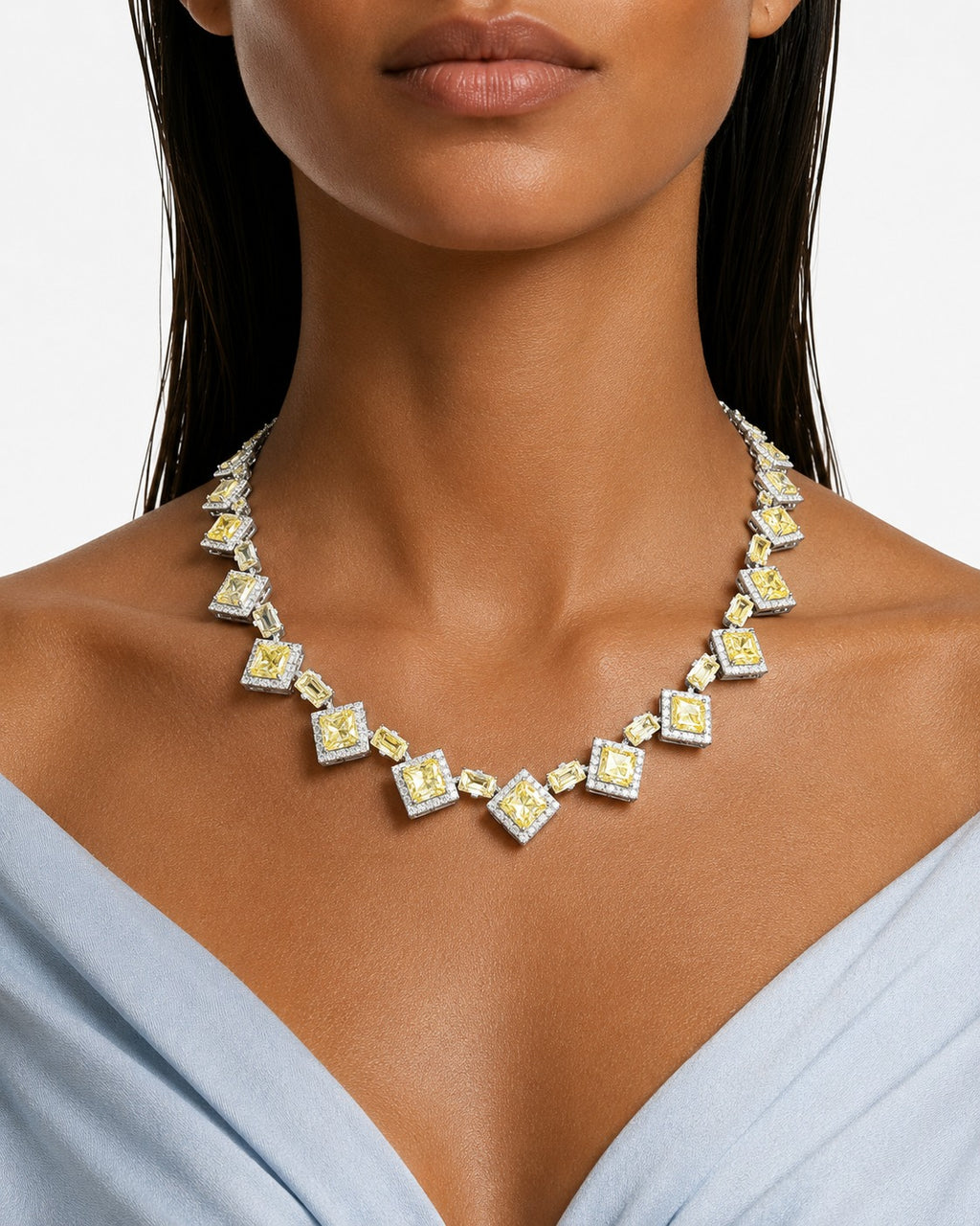Valeza Citrine Diamond-Like Zircon Link Necklace Set – Necklace & Earrings