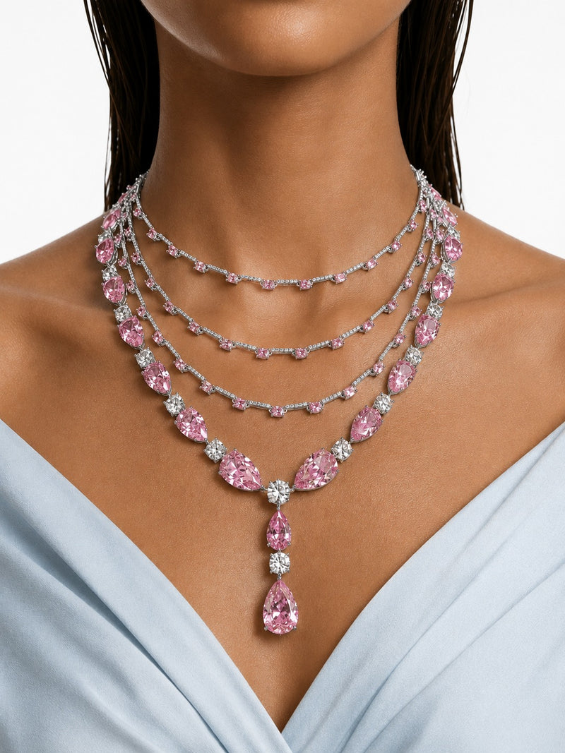 Maharani Zarelle Pink Diamond-Like Zircon Statement Necklace Set & Lunette Pink Diamond-Like Zircon Detailing Multi Layered Necklace Set (2 Necklace & 2 Earrings)