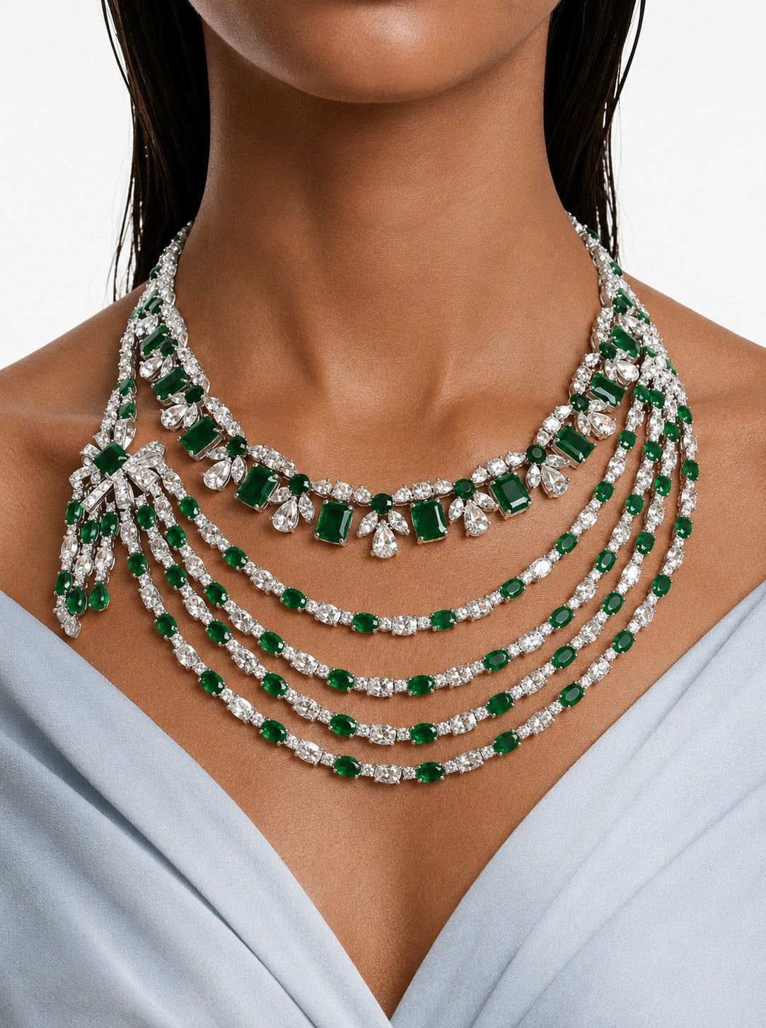 Maharani Prisha Emerald & Diamond-Like Zircon Bow Detailing Multi Layered Necklace Set & Rosina Emerald & Diamond Necklace Set (2 Necklace & 2 Earrings)