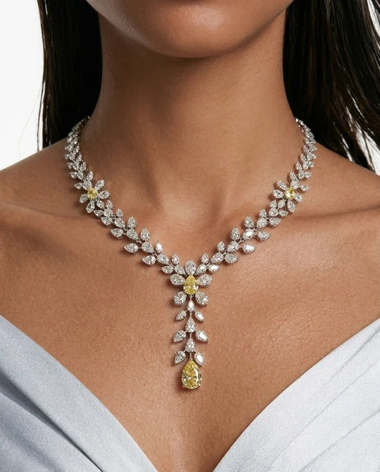 Maharani Dania Citrine and Diamond-Like Zircon Compressed Setting Statement Necklace Set & Rosina Citrine & Diamond Necklace Set (2 Necklace & 2 Earrings)