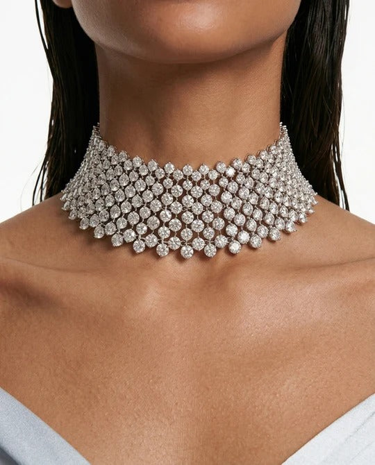 Maharani The Enchant Drops Diamond-Like Zircon Statement Necklace Set & Loki Round Diamond Zircon Choker Necklace Set (2 Necklace & 2 Earrings)