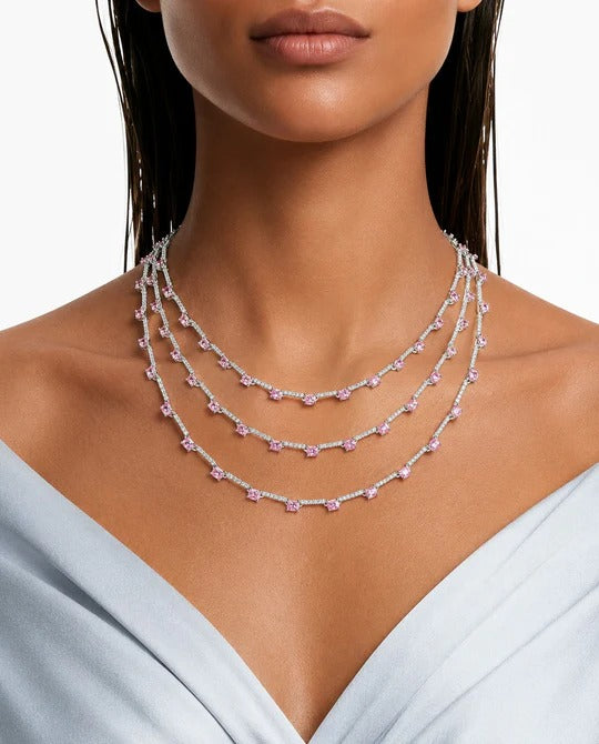 Maharani Zarelle Pink Diamond-Like Zircon Statement Necklace Set & Lunette Pink Diamond-Like Zircon Detailing Multi Layered Necklace Set (2 Necklace & 2 Earrings)