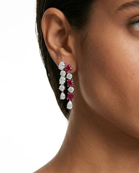 Maharani Ruveya Ruby Diamond-Like Zircon Statement Necklace Set & Niharika Diamond-Like Zircon Ovals with Ruby Square & Diamonds Statement Necklace Set (2 Necklace & 2 Earrings)