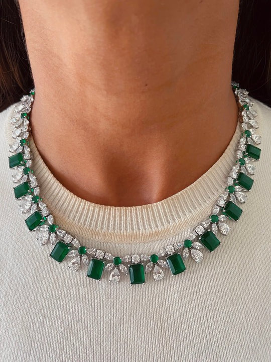 Maharani Prisha Emerald & Diamond-Like Zircon Bow Detailing Multi Layered Necklace Set & Rosina Emerald & Diamond Necklace Set (2 Necklace & 2 Earrings)
