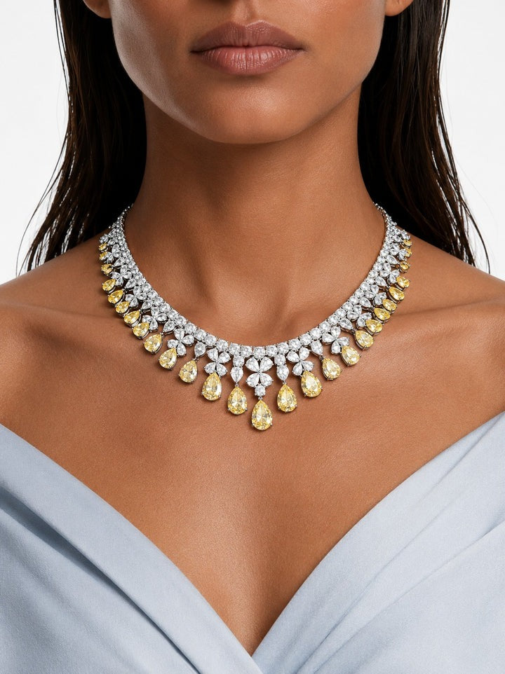 Maharani Khadija Citrine and Diamond-Like Zircon Statement Necklace Set & Amora Citrine Drops Statement & Diamond Like Zircon Necklace Set (2 Necklace & 2 Earrings)