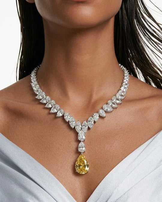 Maharani Khadija Citrine and Diamond-Like Zircon Statement Necklace Set & Amora Citrine Drops Statement & Diamond Like Zircon Necklace Set (2 Necklace & 2 Earrings)