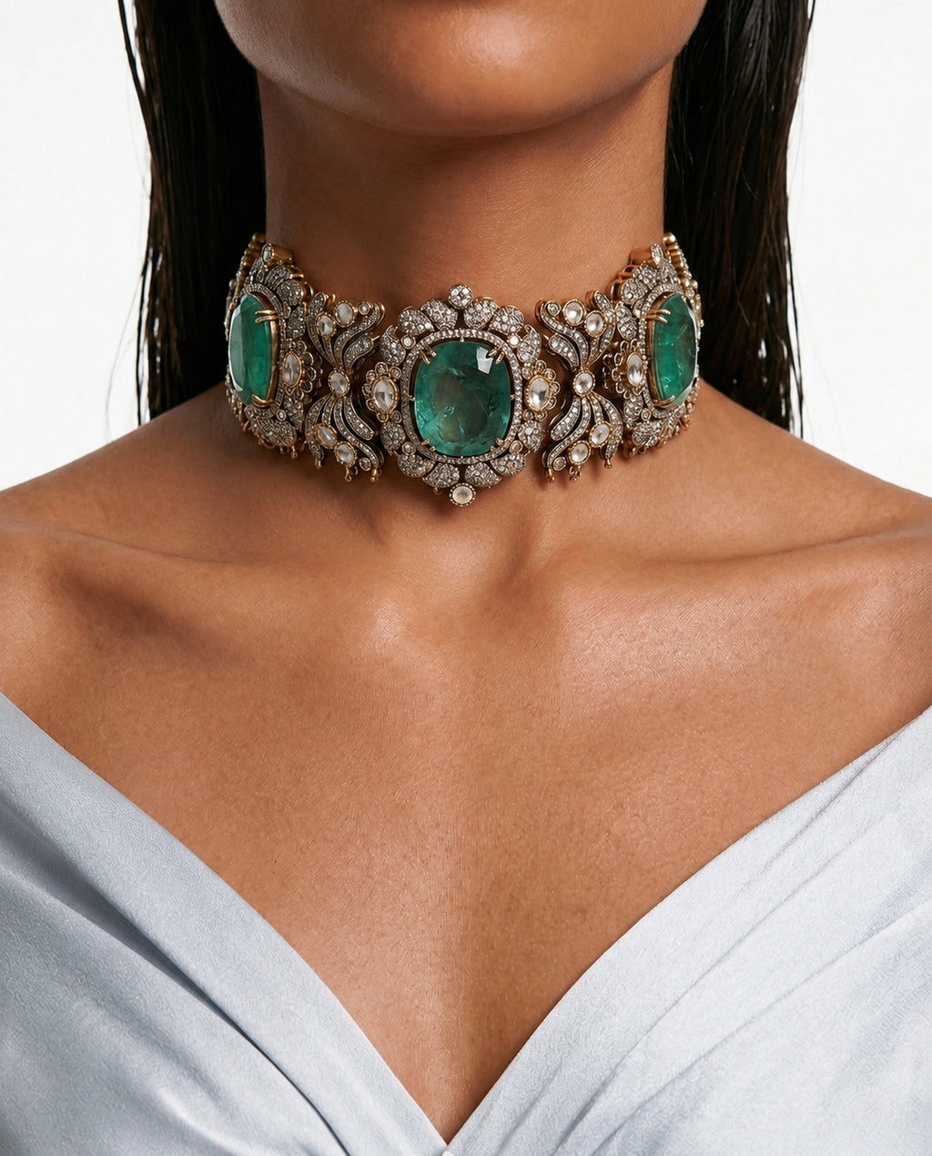 Jawaria Mint Moissanite Polki Kundan with Zircon Diamond Detailing Statement Luxe Necklace Set (Necklace & Earrings)