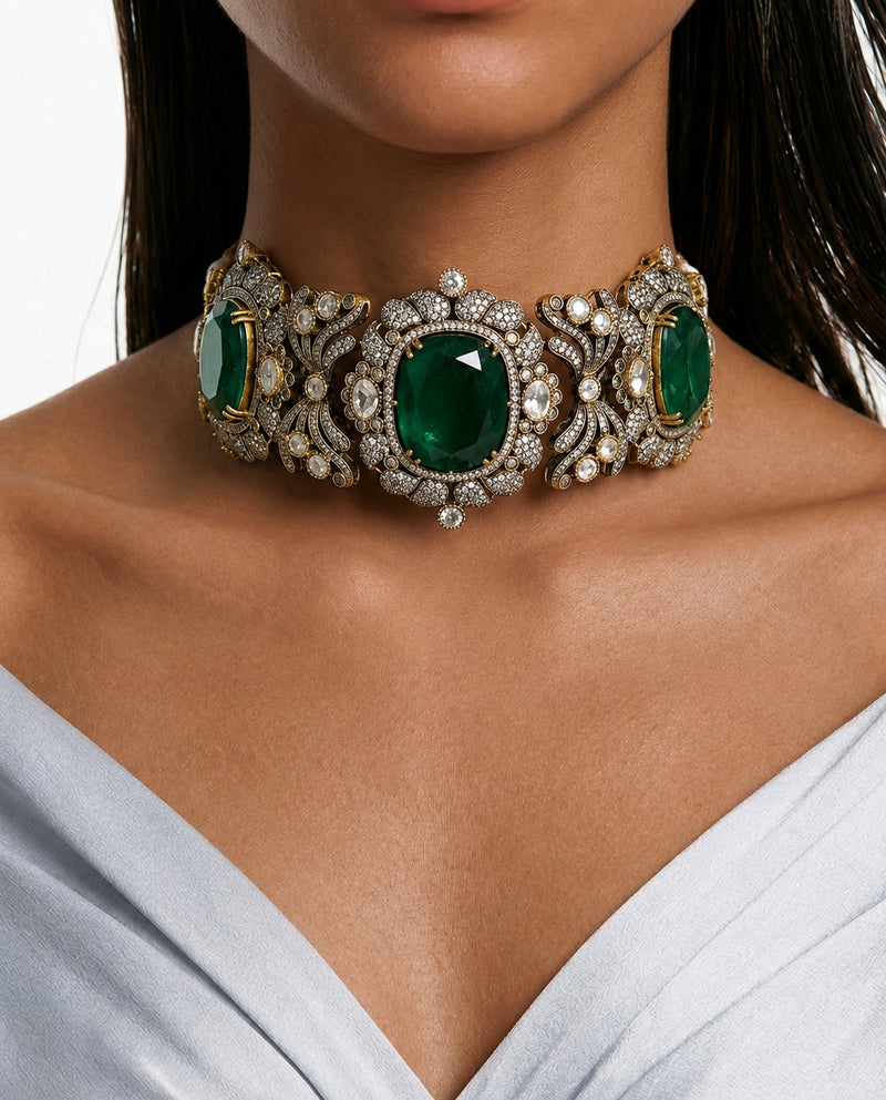 Jawaria Emerald Moissanite Polki Kundan with Zircon Diamond Detailing Statement Luxe Necklace Set (Necklace & Earrings)