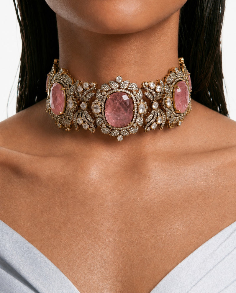 Jawaria Pink Moissanite Polki Kundan with Zircon Diamond Detailing Statement Luxe Necklace Set (Necklace & Earrings)
