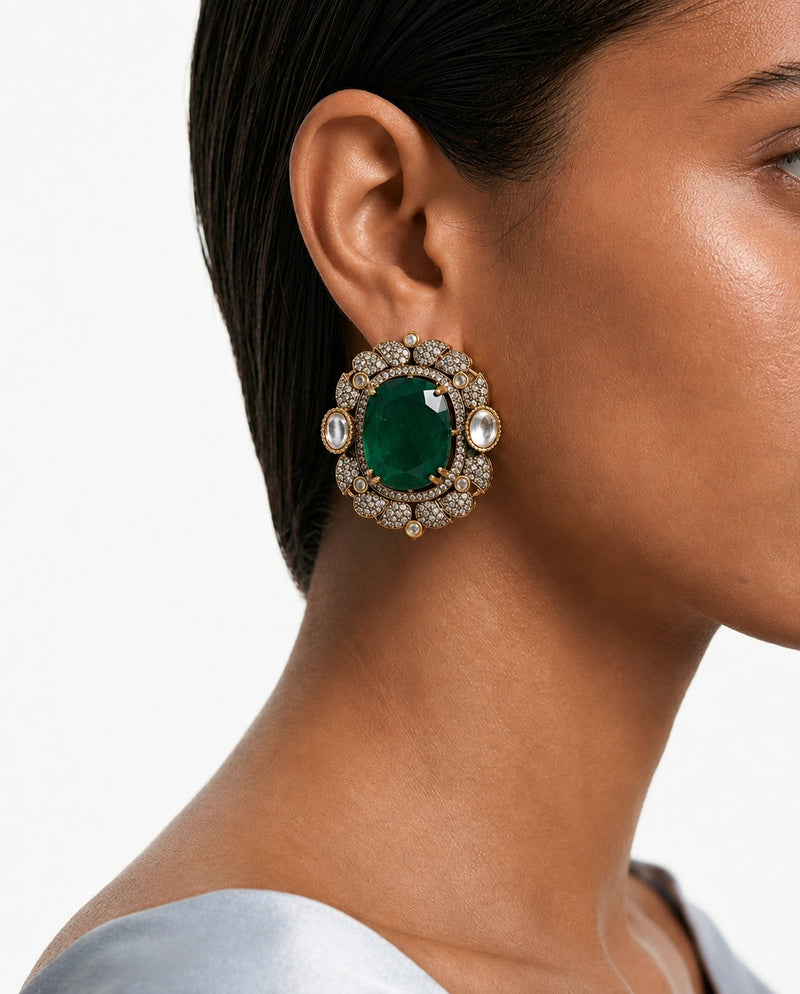 Jawaria Emerald Moissanite Polki Kundan with Zircon Diamond Detailing Statement Luxe Necklace Set (Necklace & Earrings)