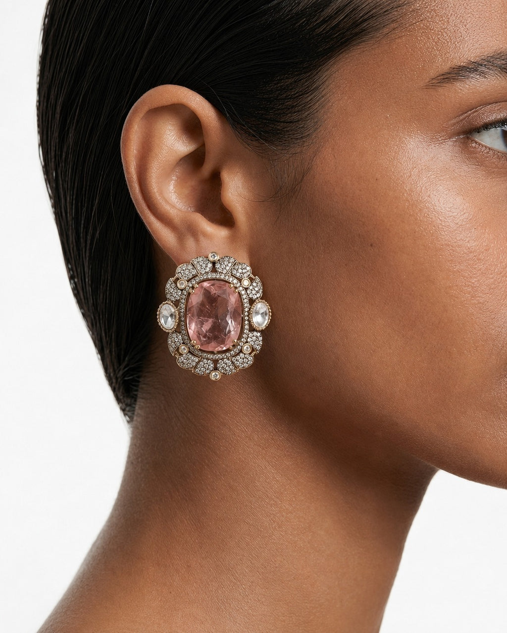Jawaria Pink Moissanite Polki Kundan with Zircon Diamond Detailing Statement Luxe Necklace Set (Necklace & Earrings)