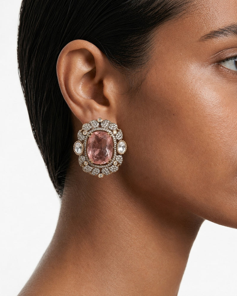 Jawaria Pink Moissanite Polki Kundan with Zircon Diamond Detailing Statement Luxe Necklace Set (Necklace & Earrings)