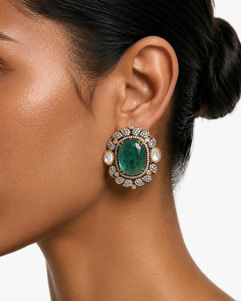 Maharani Veda & Jawaria Mint Moissanite Polki Kundan with Zircon Diamond Detailing Necklace Set – 2 Necklaces & Earrings