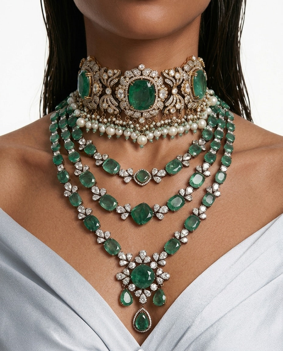 Maharani Zarfina Mint Maharani Imperial Diamond Haar Necklace Set & Jawaria Mint, Pearls & Moissanite Polki Kundan with Zircon Diamond Detailing Statement Luxe Necklace Set (2 Necklace & 2 Earrings)