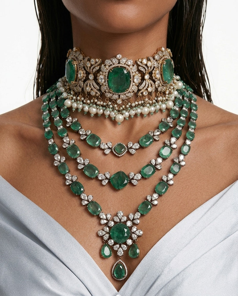 Maharani Zarfina Mint Maharani Imperial Diamond Haar Necklace Set & Jawaria Mint, Pearls & Moissanite Polki Kundan with Zircon Diamond Detailing Statement Luxe Necklace Set (2 Necklace & 2 Earrings)