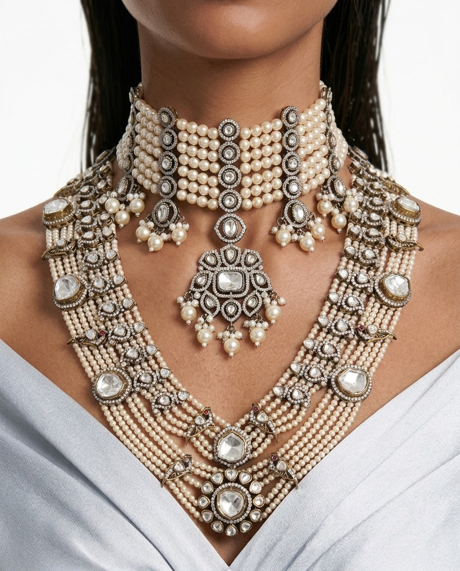 Maharani Nuriya & Afsheen Pearl Polki Kundan with Zircon Diamond Set – Long Haar, Necklace & Earrings