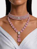 Maharani Nayara Pink Diamond-Like Zircon Leaf Petal Choker & Elina Blossom Pink Square Drop Diamonte Statement Necklace Set – 2 Necklaces & Earrings