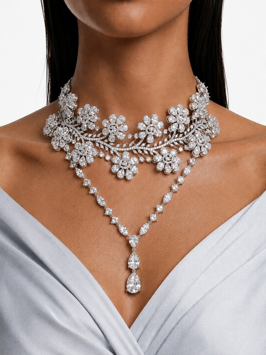 Maharani The Enchant Drops Diamond-Like Zircon Statement & Dimonte Veil Heart Diamond Tear Drop Necklace Set – 2 Necklaces & Earrings