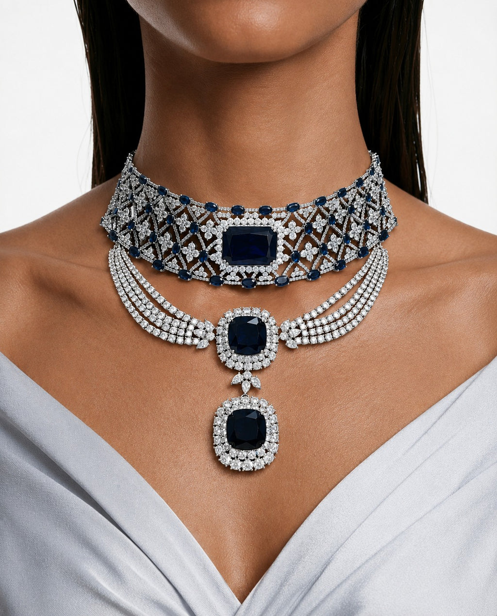 Maharani Valessa Diamond-Like Zircon Sapphire Statement & Sapphire Appliqué Dimonte Choker Necklace Set – 2 Necklaces & Earrings