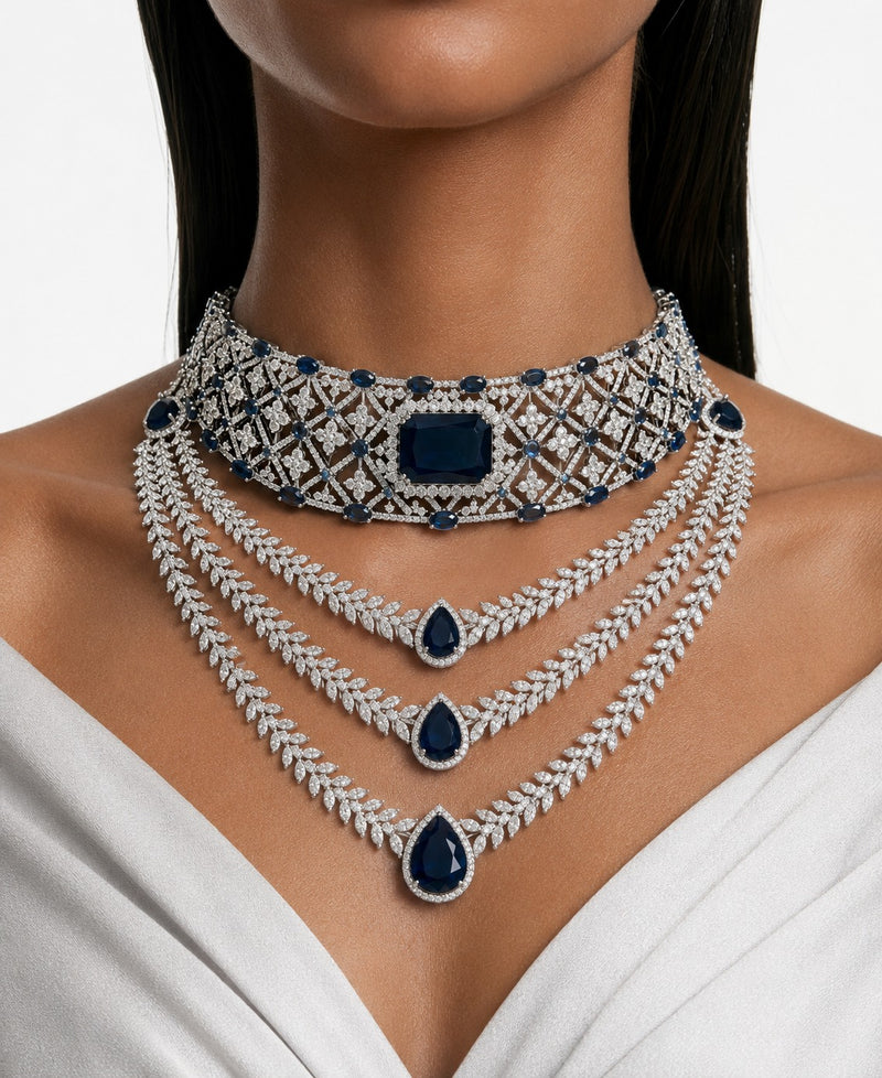 Maharani Noéline Sapphire Diamond-Like Zircon Three Layer Statement & Sapphire Appliqué Dimonte Choker Necklace Set – 2 Necklaces & Earrings