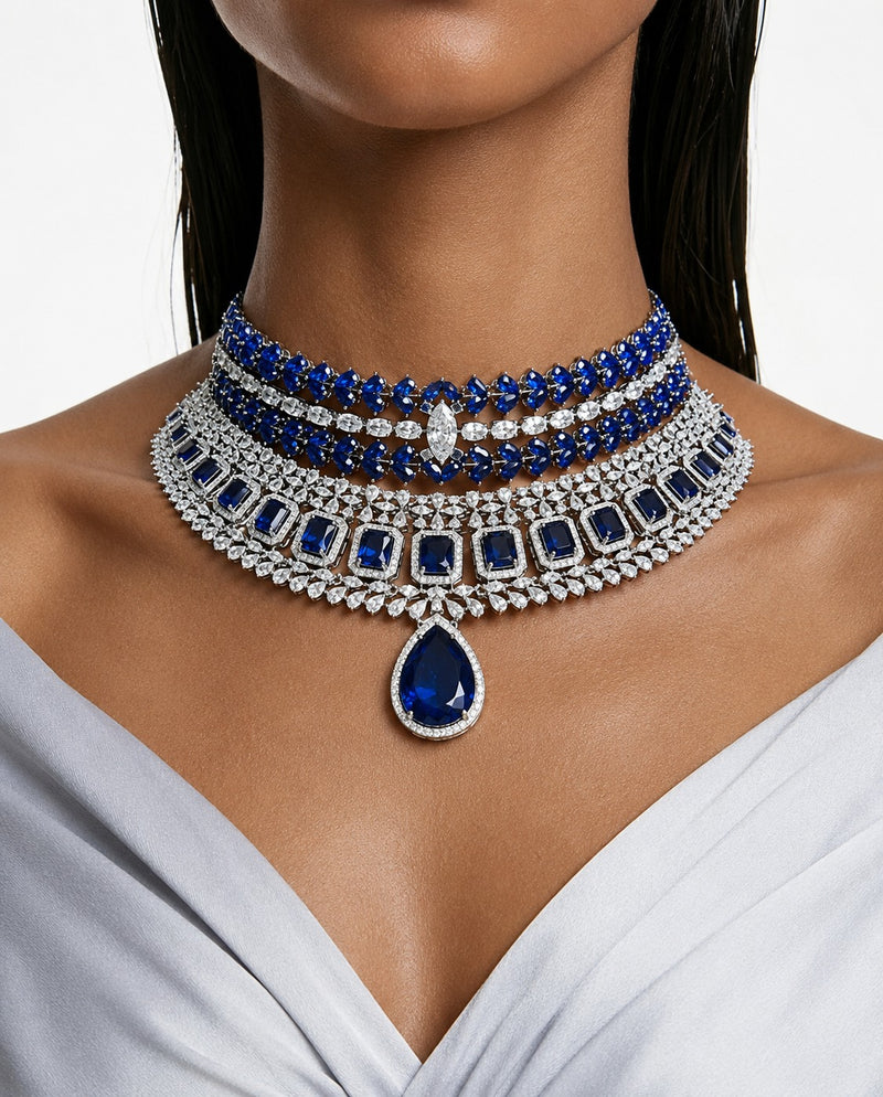 Maharani Nayara Sapphire Diamond-Like Zircon Leaf Petal Choker & Sapphire Drop Dimonte Floral Necklace Set – 2 Necklaces & Earrings