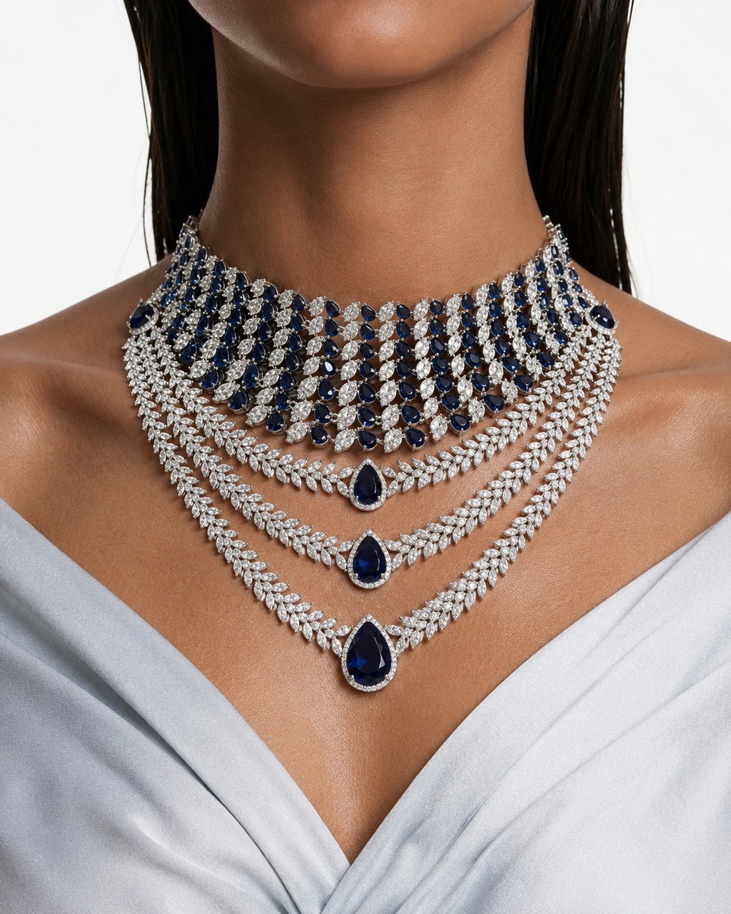 Maharani Noéline Sapphire Diamond-Like Zircon Three Layer & Heart Sapphire Diamond Necklace Set – 2 Necklaces & Earrings