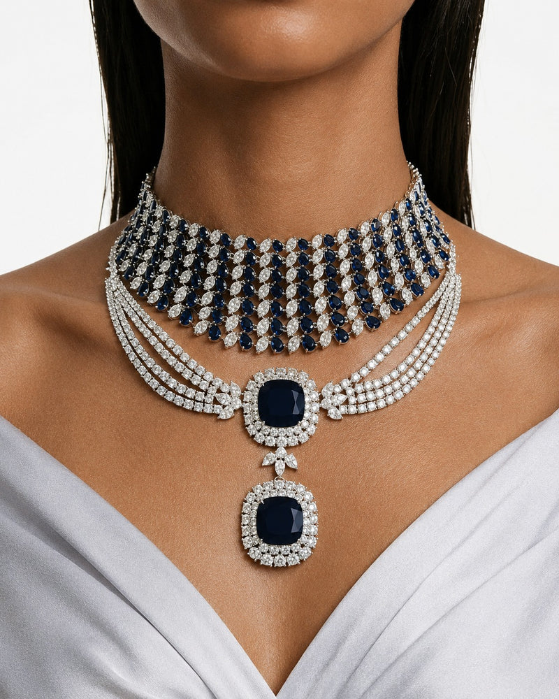 Maharani Valessa Diamond-Like Zircon Sapphire Statement & Heart Sapphire Diamond Necklace Set – 2 Necklaces & Earrings