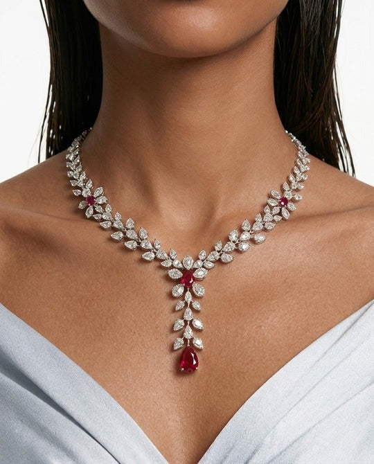 Maharani Nayara Ruby Diamond-Like Zircon Leaf Petal Choker & Dania Ruby Diamond-Like Zircon Compressed Setting Statement Necklace Set – 2 Necklaces & Earrings