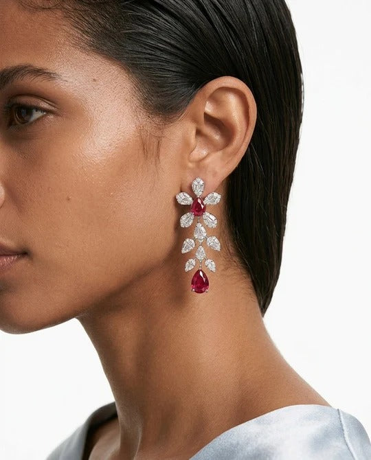 Maharani Nayara Ruby Diamond-Like Zircon Leaf Petal Choker & Dania Ruby Diamond-Like Zircon Compressed Setting Statement Necklace Set – 2 Necklaces & Earrings
