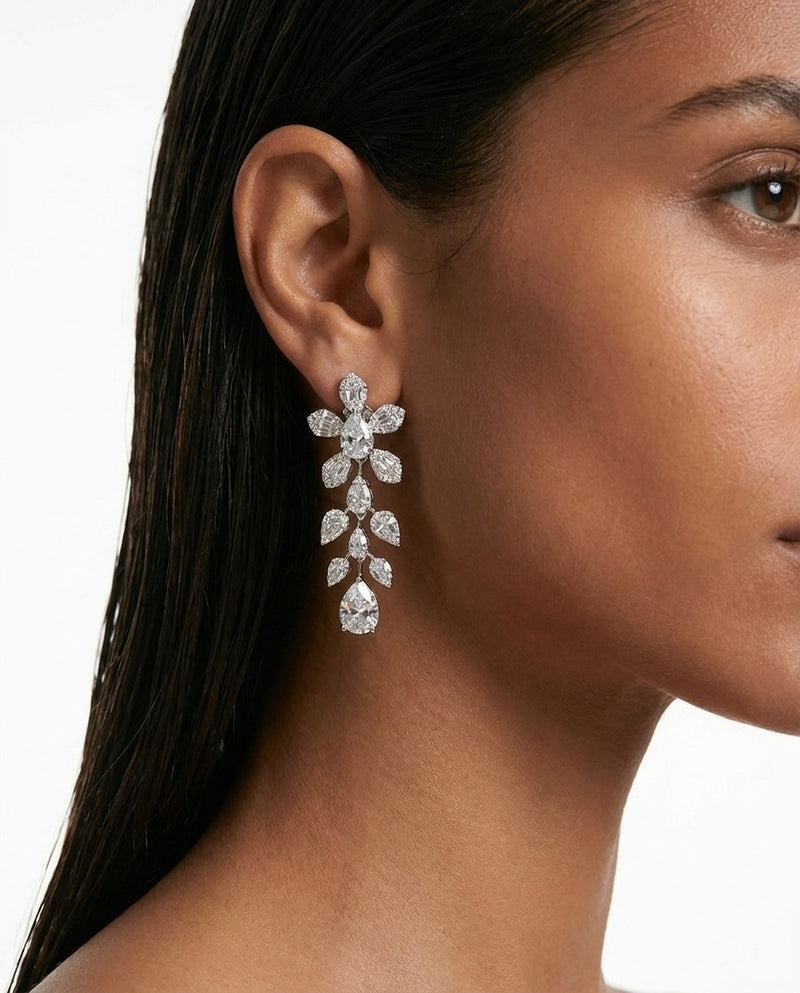 Maharani Dania Diamond-Like Zircon Compressed Setting Statement Necklace & Vivienne Fan Drop Diamond-Like Zircon Statement Necklace Set – 2 Necklaces & Earrings
