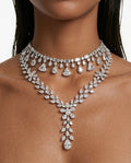 Maharani Dania Diamond-Like Zircon Compressed Setting Statement Necklace & Vivienne Fan Drop Diamond-Like Zircon Statement Necklace Set – 2 Necklaces & Earrings