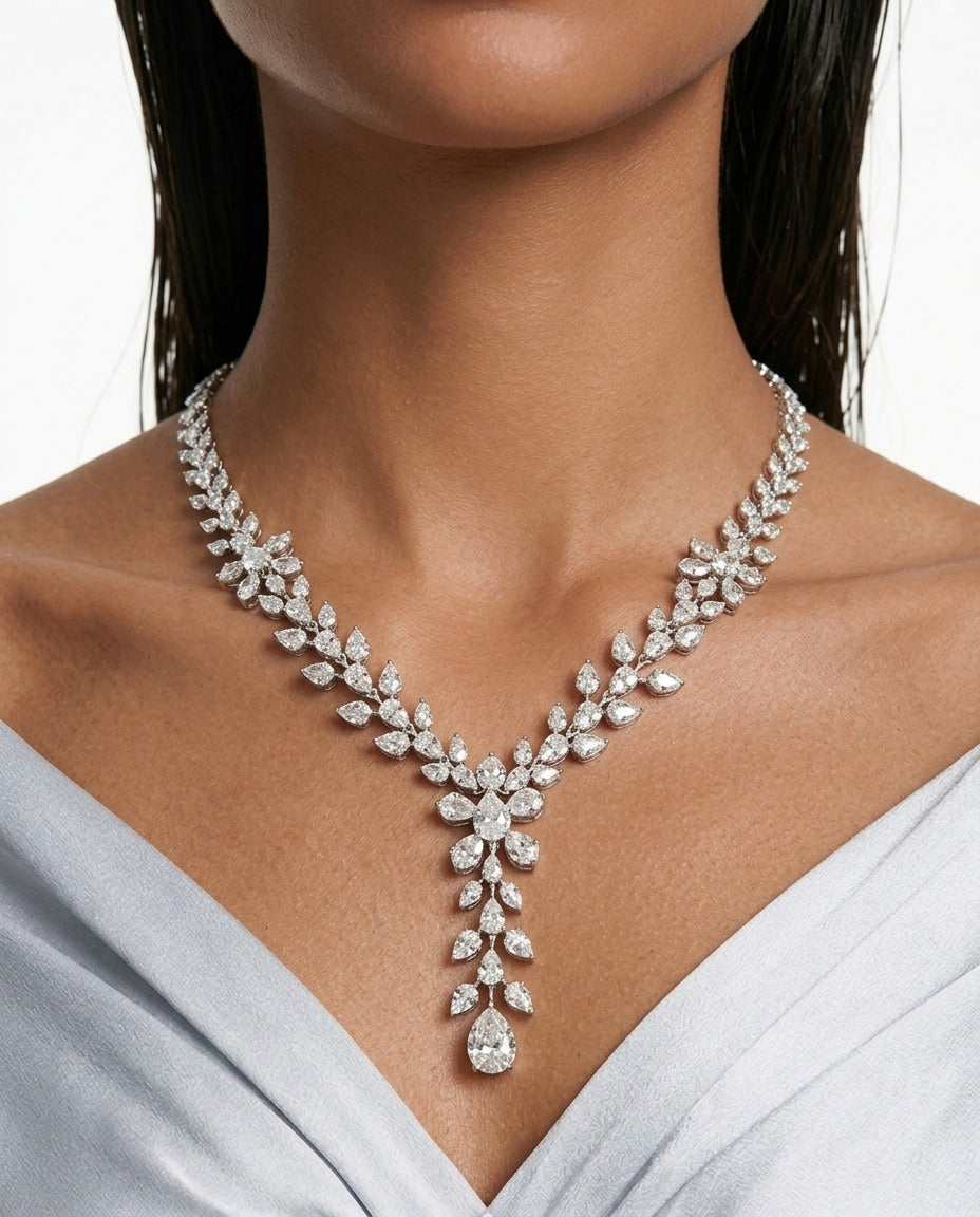Maharani Dania Diamond-Like Zircon Compressed Setting Statement Necklace & Nayara Diamond-Like Zircon Leaf Petal Choker Necklace Set – 2 Necklaces & 2 Earrings