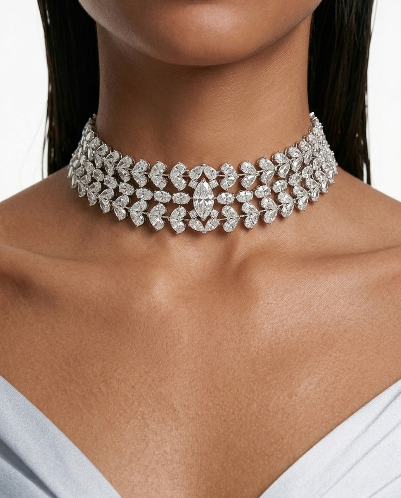 Maharani Aurelia Pearl Diamond & Floral Necklace & Nayara Diamond-Like Zircon Leaf Petal Choker Necklace Set – 2 Necklaces & Earrings