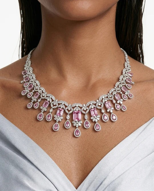 Maharani Noéline & Aarvi Pink Diamond-Like Zircon Statement Necklace Set – 2 Necklaces & Earrings