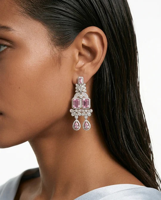 Maharani Noéline & Aarvi Pink Diamond-Like Zircon Statement Necklace Set – 2 Necklaces & Earrings