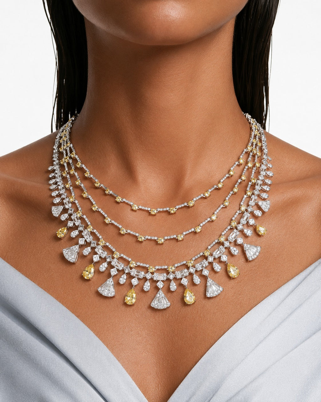 Maharani Lunette Citrine & Diamond-Like Zircon Detailing Multi Layered Necklace & Vivienne Fan Citrine Drop Diamond-Like Zircon Statement Necklace Set – 2 Necklaces & Earrings
