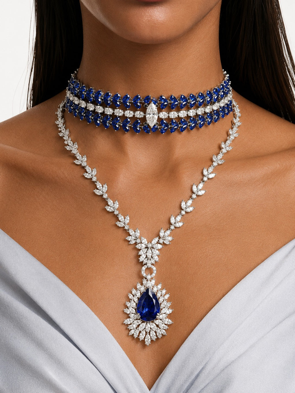 Maharani Sapphire Petal Marquis Diamond-Like Zircon Statement Necklace & Nayara Sapphire Diamond-Like Zircon Leaf Petal Choker Necklace Set – 2 Necklaces & Earrings