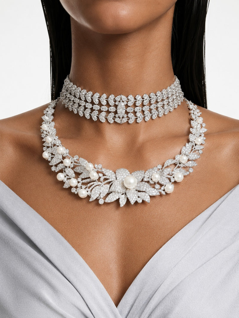 Maharani Aurelia Pearl Diamond & Floral Necklace & Nayara Diamond-Like Zircon Leaf Petal Choker Necklace Set – 2 Necklaces & Earrings