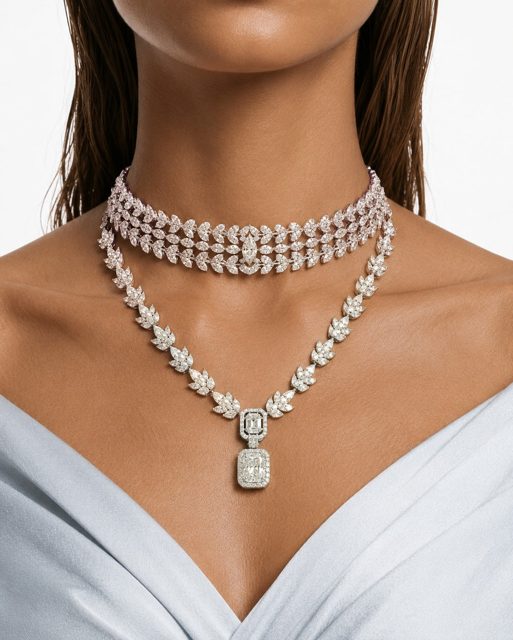 Maharani The Whisper Square Drop Diamond-Like Zircon Compressed Setting Statement Necklace & Nayara Diamond-Like Zircon Leaf Petal Choker Necklace Set – 2 Necklaces & Earrings