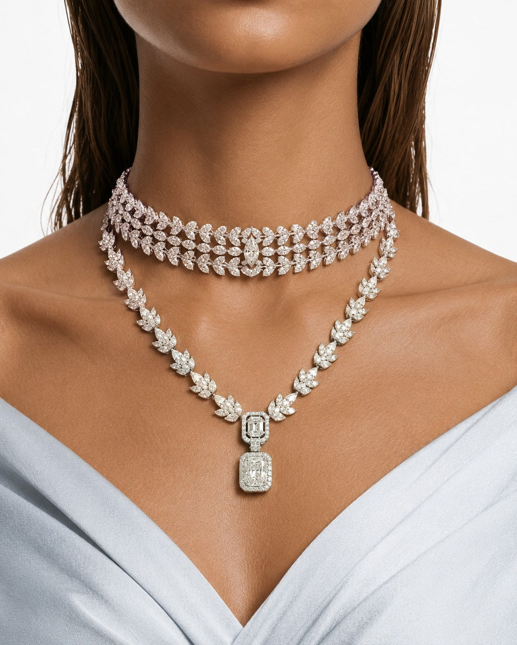 Maharani The Whisper Square Drop Diamond-Like Zircon Compressed Setting Statement Necklace & Nayara Diamond-Like Zircon Leaf Petal Choker Necklace Set – 2 Necklaces & Earrings