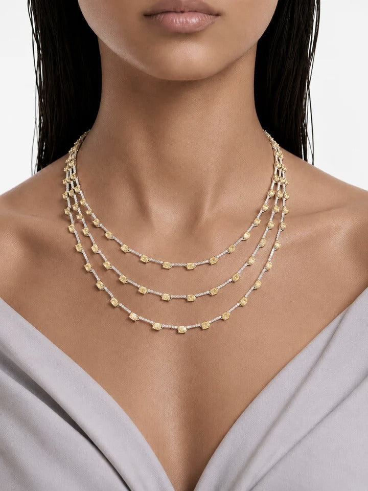 Maharani Lunette Citrine & Diamond-Like Zircon Detailing Multi Layered Necklace & Vivienne Fan Citrine Drop Diamond-Like Zircon Statement Necklace Set – 2 Necklaces & Earrings