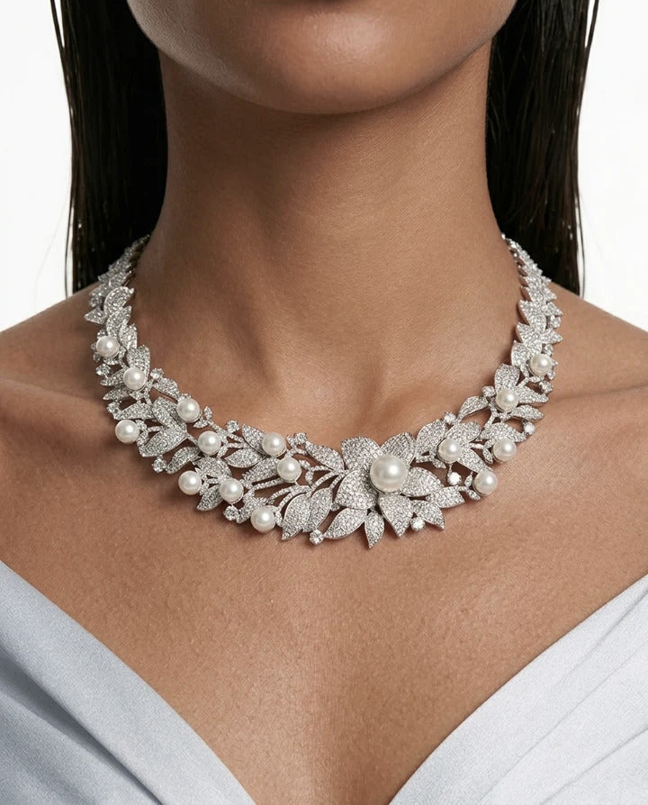 Maharani Aurelia Pearl Diamond & Floral Necklace & Nayara Diamond-Like Zircon Leaf Petal Choker Necklace Set – 2 Necklaces & Earrings