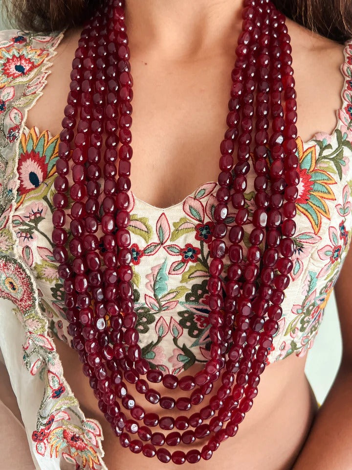 Maharani 5 Layered Ruby Necklace & Elyna Ruby Diamond-Like Zircon Choker Necklace Set – 2 Necklaces & Earrings