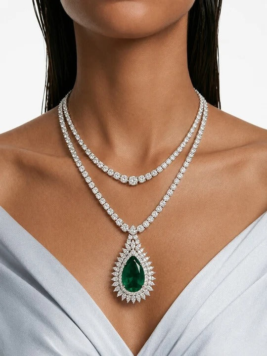 Maharani Veloura Emerald Diamond-Like Zircon Double-Layer Necklace & Noéline Emerald Diamond-Like Zircon Three Layer Statement Necklace Set – 2 Necklaces & Earrings